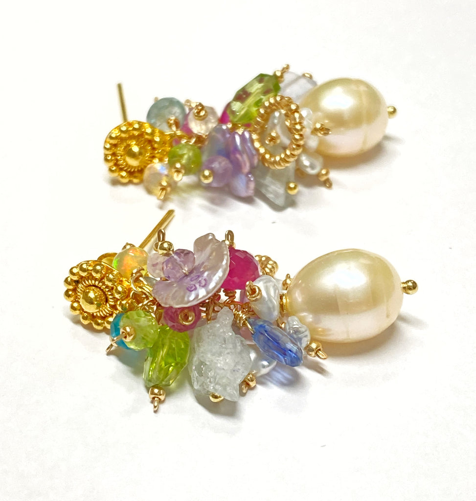 Pearl and Multi Gemstone Cluster Earrings