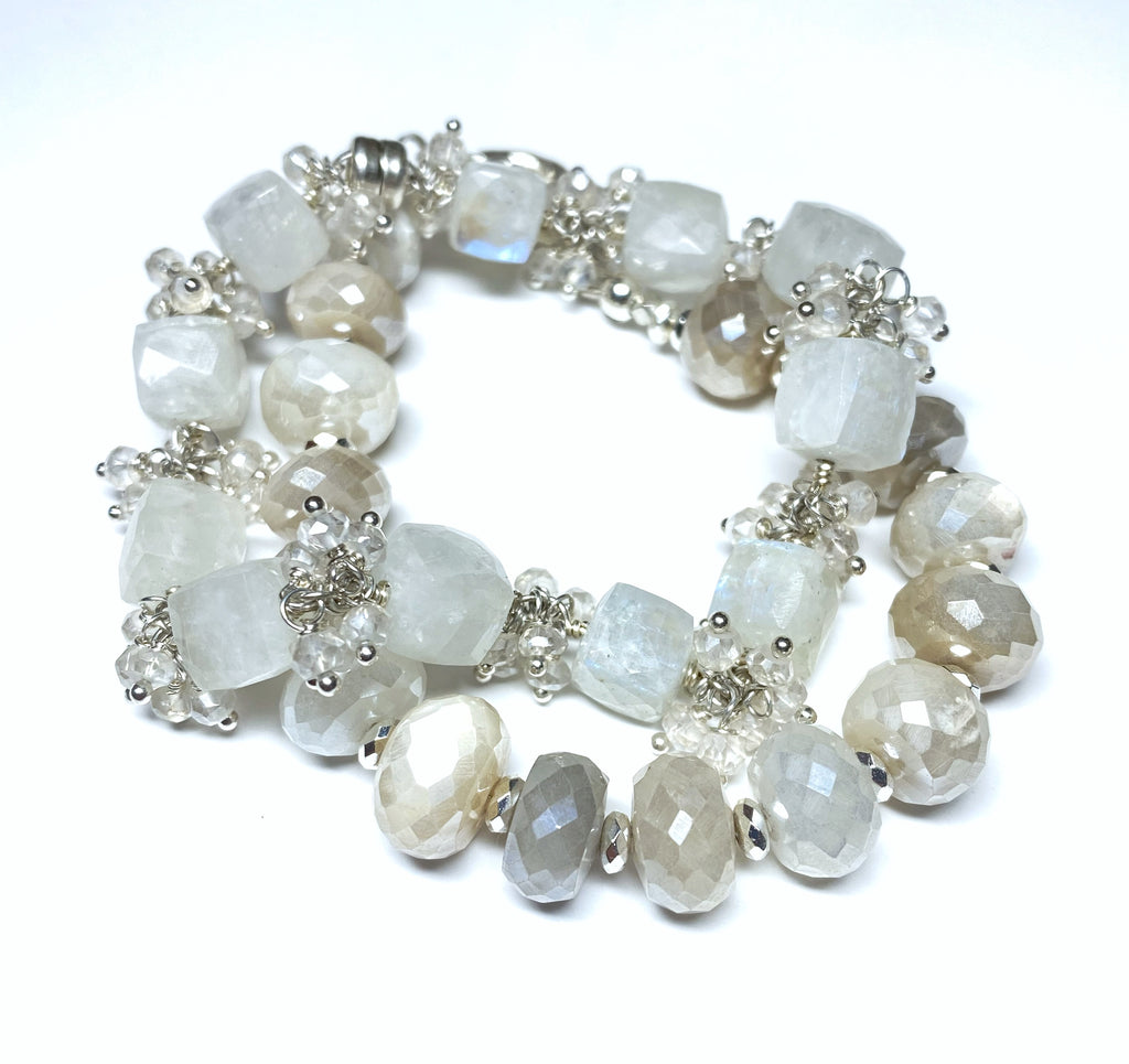 Rainbow Moonstone Bridal Bracelet Mystic Crystal Cluster Sterling Silver