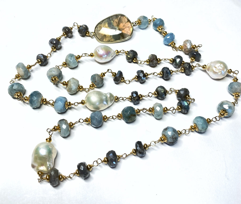 Aquamarine, Labradorite, Pearl Long Wire Wrapped Necklace