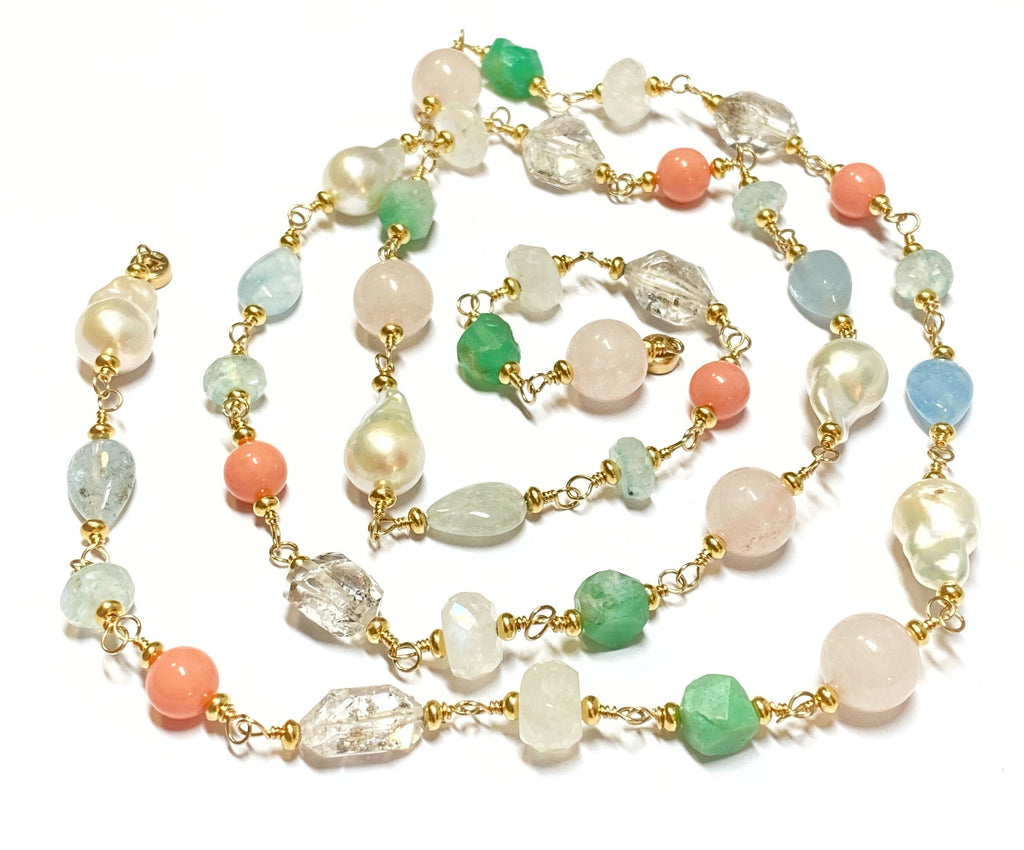 Multi Gemstone Pastel Long Necklace with Herkimer Diamond Aquamarine Gold