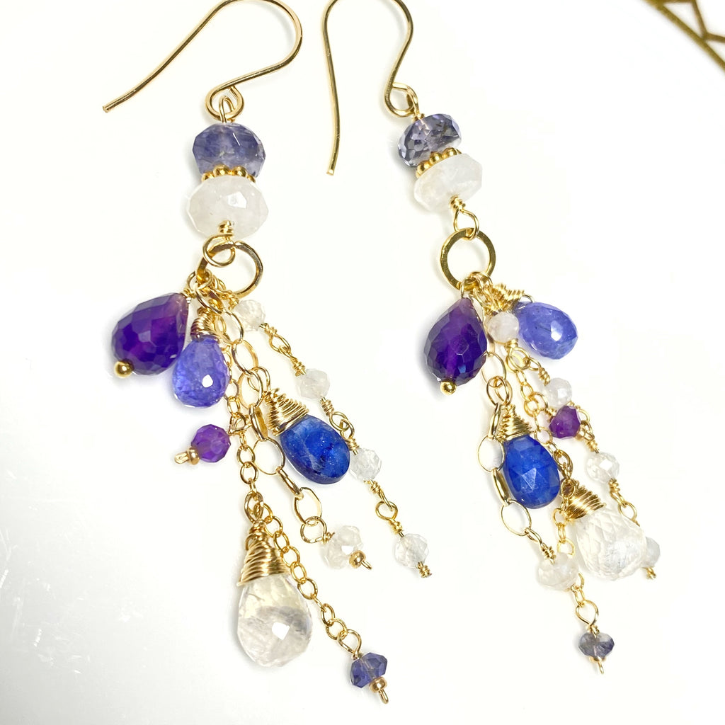 Blue Violet Gemstone Dangle Earrings - Amethyst, Tanzanite, Kyanite, Moonstone