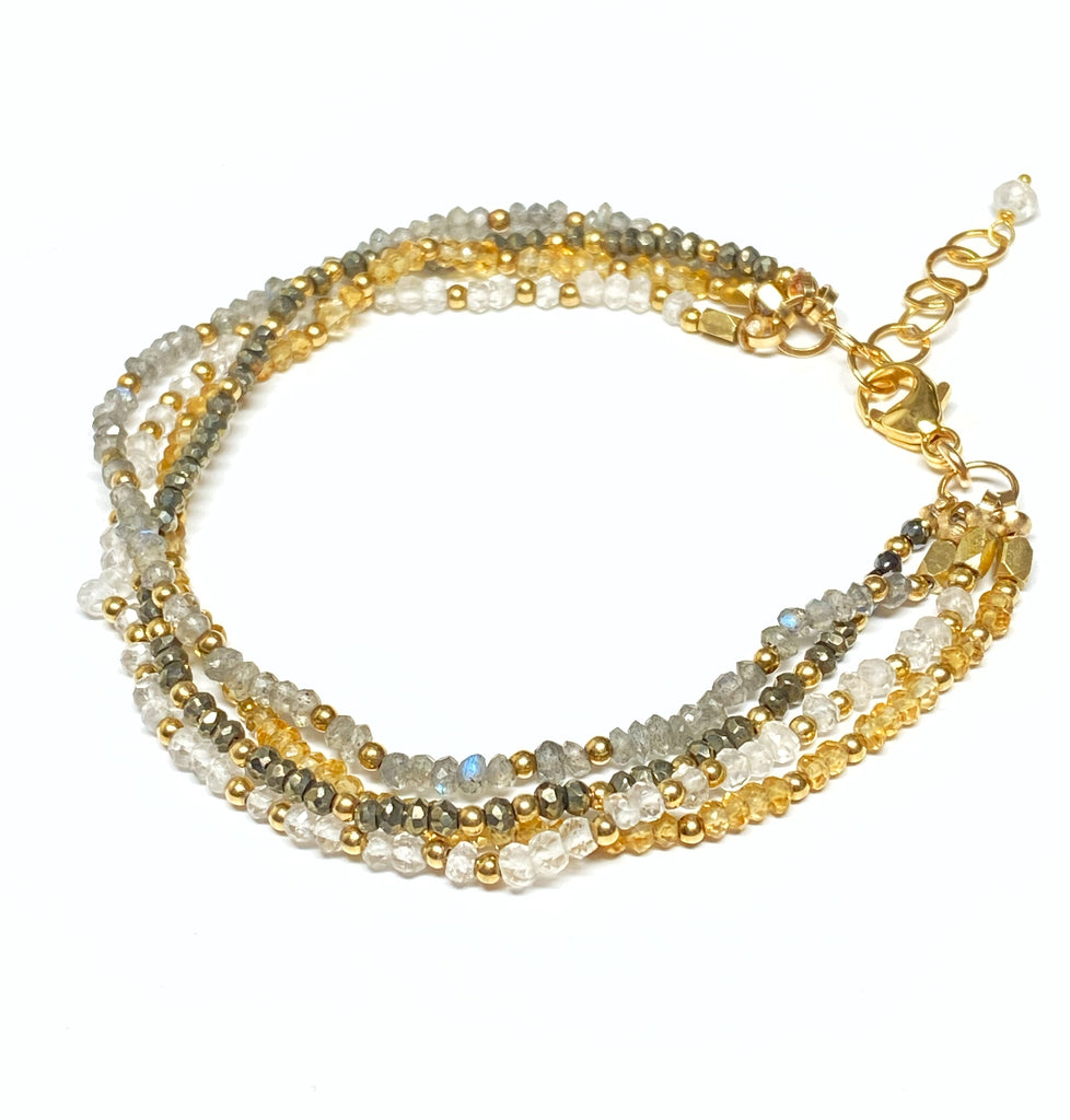 Multi-strand Gemstone Dainty Beaded Bracelet Citrine Labradorite Moonstone Pyrite