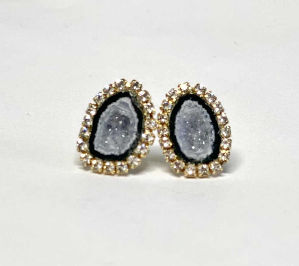 Tabasco Geode Stud Earrings Black & Lavender Grey Druzy Crystals