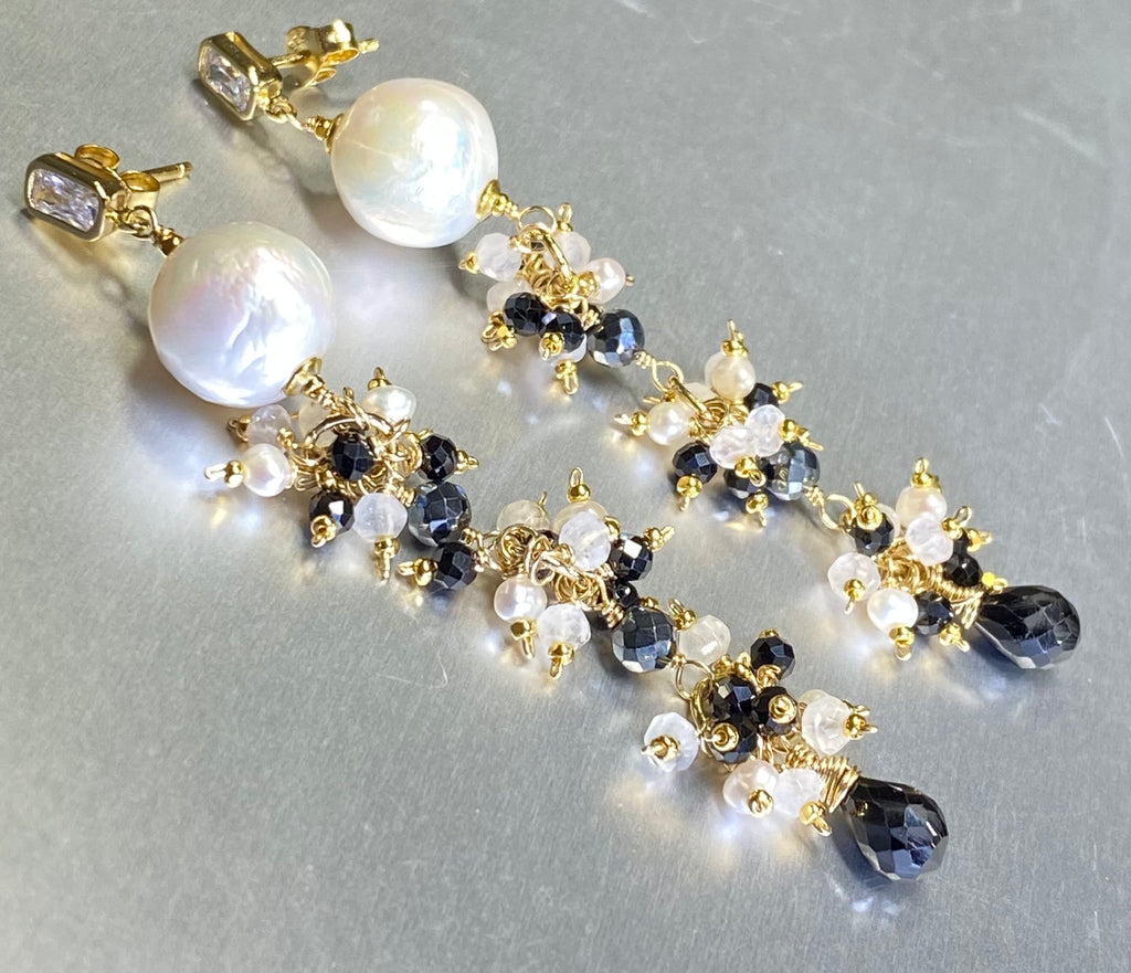 Edison Pearl Long Dangle Earrings with Black Spinel, White Pearl, Moonstone