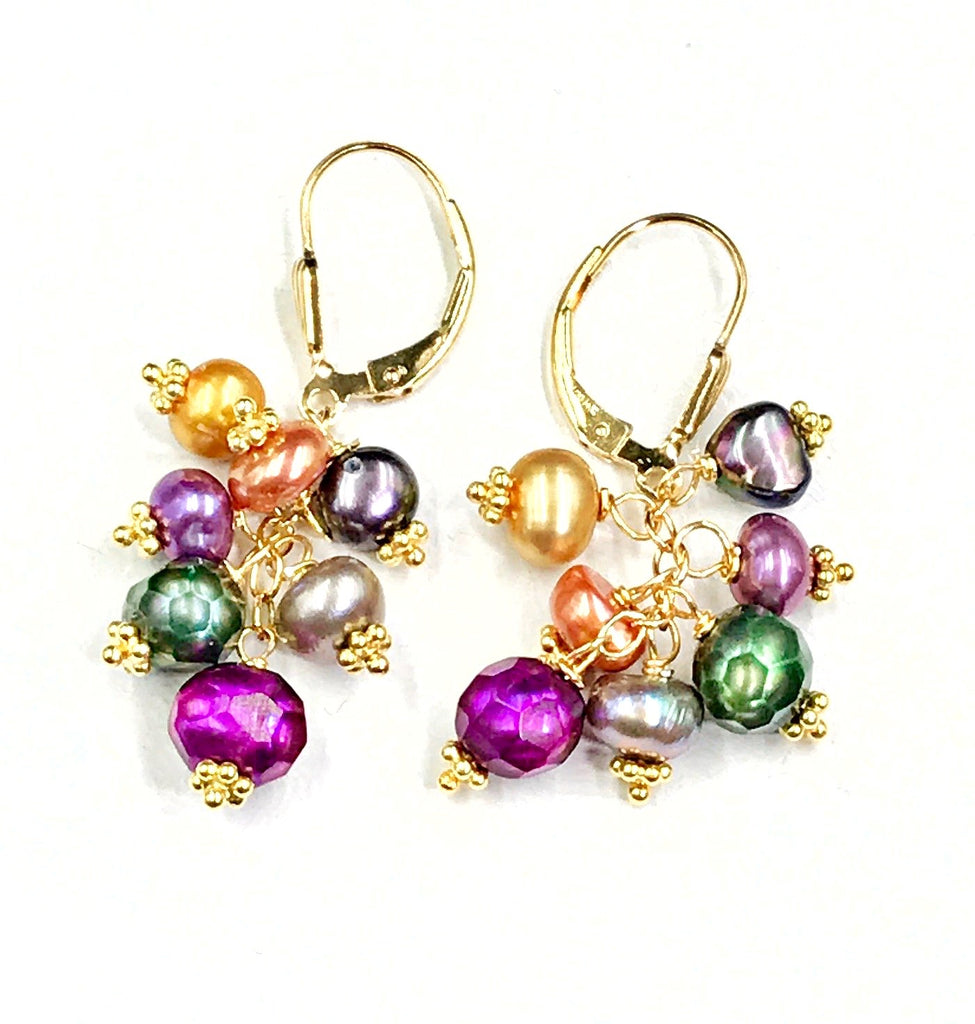 Multi-color Pearl Dangle Earrings Gold