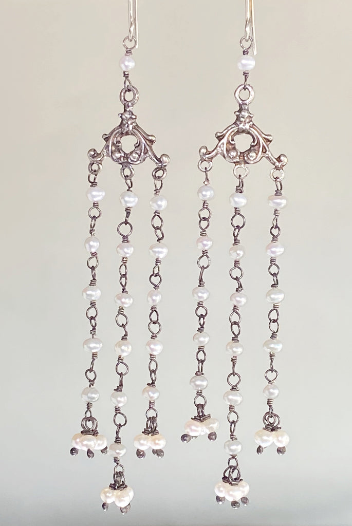 Long Pearl Chandelier Earrings Oxidized Silver Shoulder Dusters