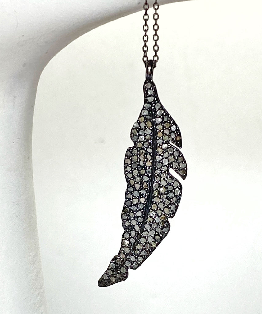 Pave Diamond Feather Pendant, Oxidized Sterling Silver