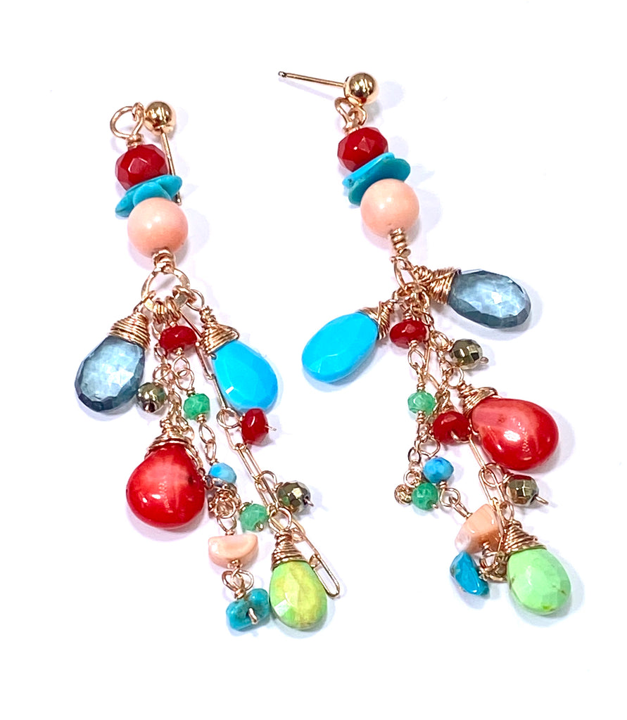 Turquoise Red Coral Rose Gold Long Boho Dangle Earrings - doolittlejewelry