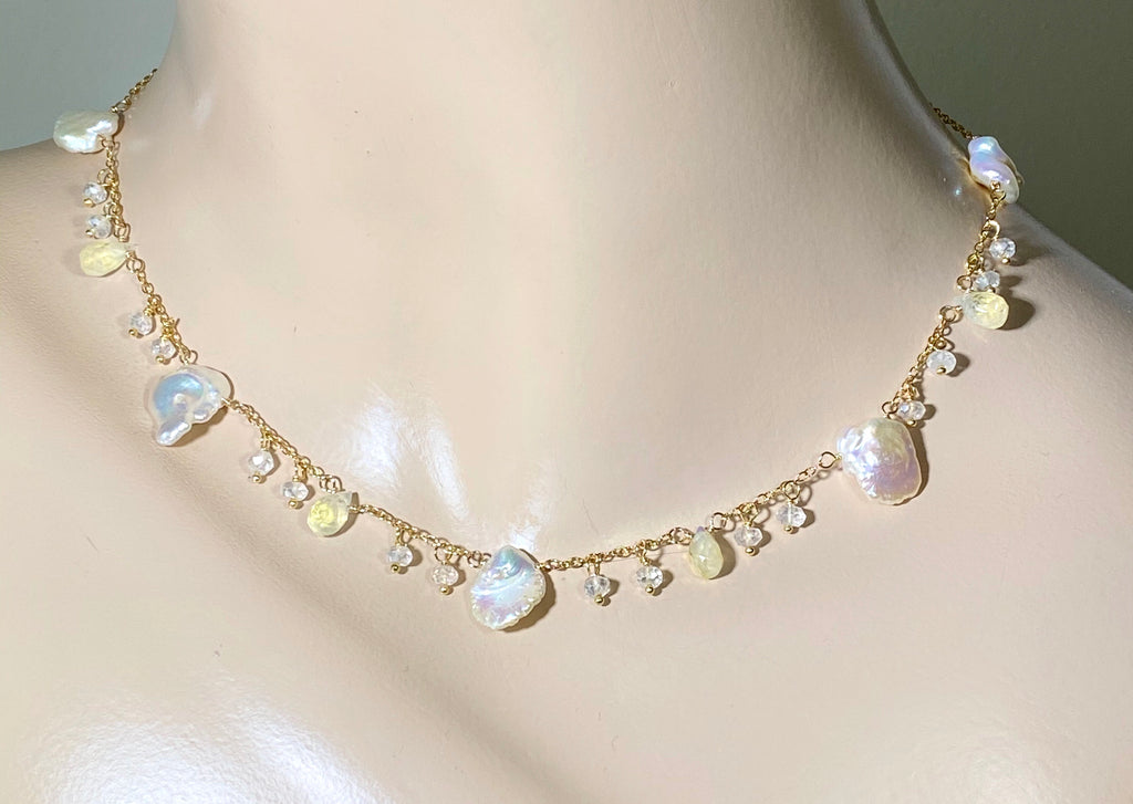 Keishi Pearl 24kt Gold Leaf Boho Dangle Necklace with Rainbow Moonstone - doolittlejewelry