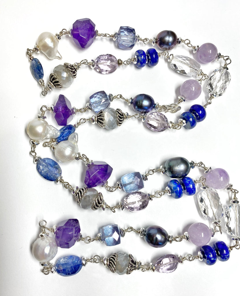 Long Blue Violet Necklace Amethyst Kyanite Pearl Crystal Quartz Sterling Silver