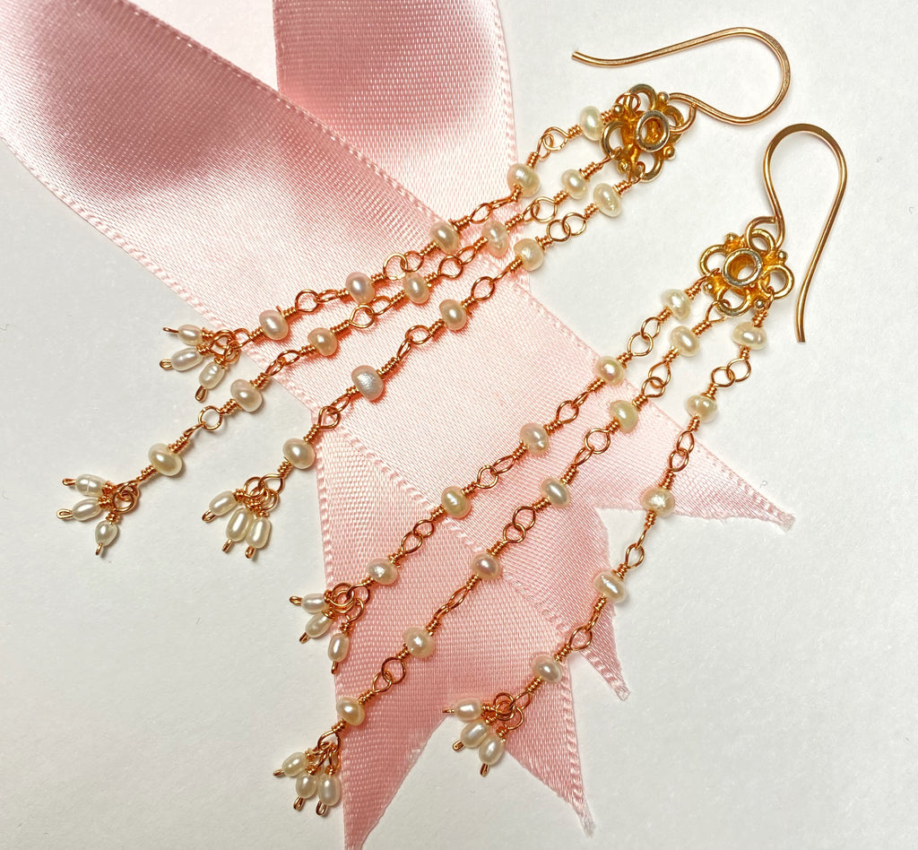 Long Pearl Shoulder Duster Dangle Earrings Rose Gold