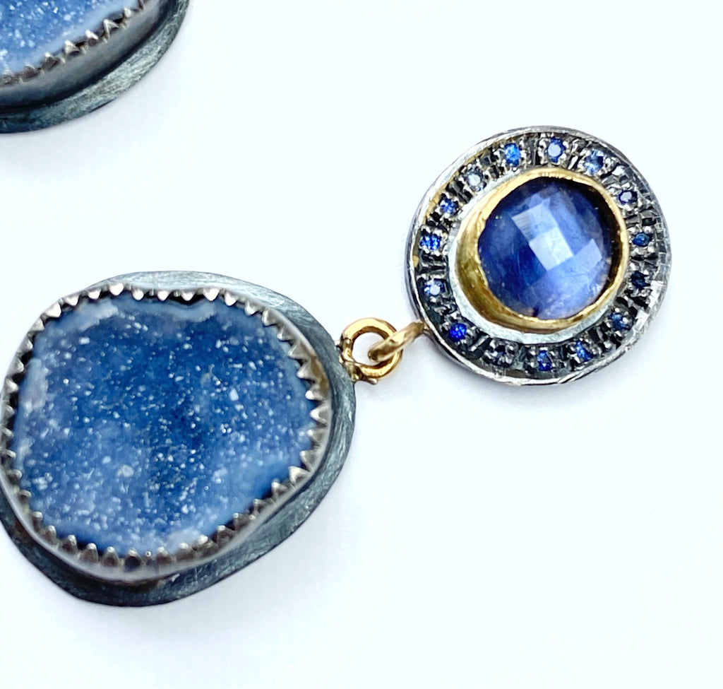 Tanzanite and Blue Geode Earrings with Pave Blue Sapphire Mixed Metal