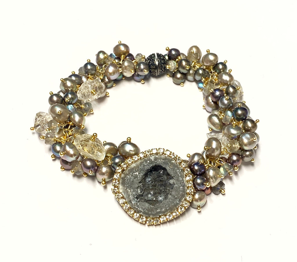 Black Tabasco Geode Cluster Bracelet with Herkimer Diamond Quartz