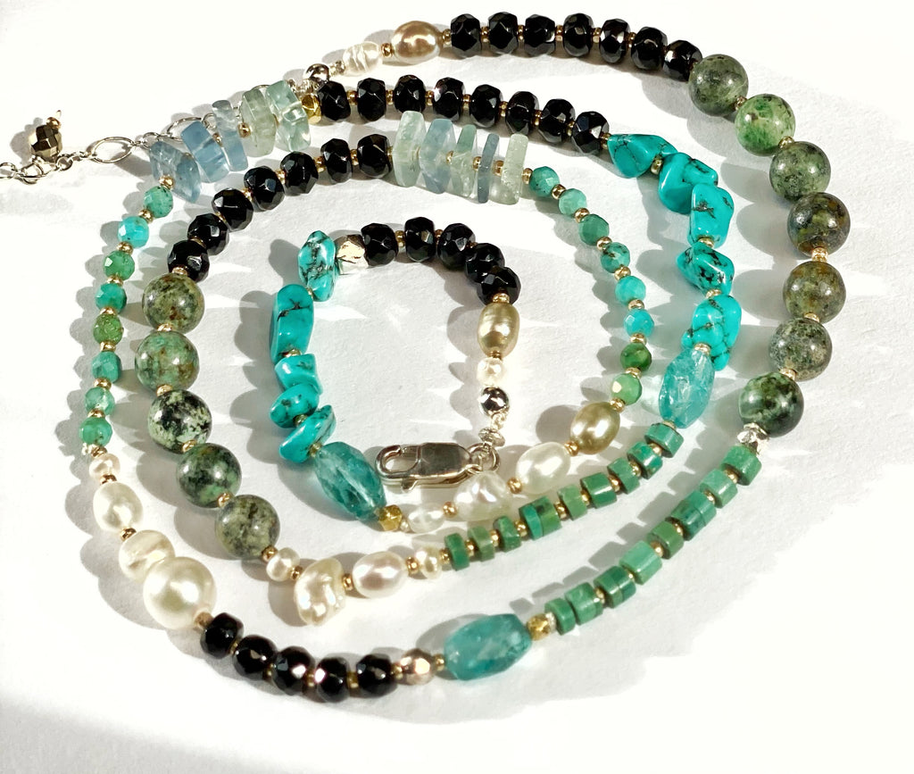 Turquoise Wrap Bracelet Necklace with Freshwater Pearl, Black Onyx, Apatite