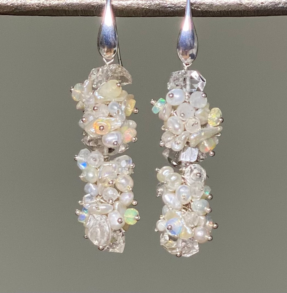 Herkimer Diamond Welo Ethiopian Opal Cluster Earrings Sterling Silver