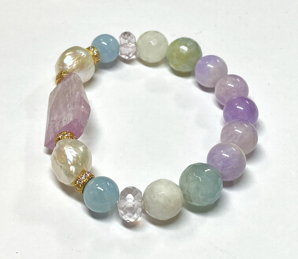 Kunzite, Pearl, Pastel Gemstone Stretch Stacking Bracelet