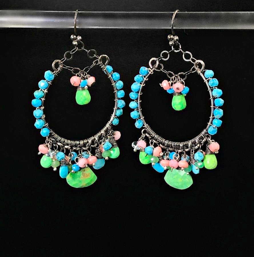 Turquoise Green, Coral  and Oxidized Silver Earrings - doolittlejewelry