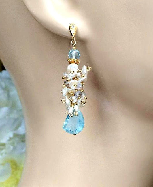 Keishi Pearl Blue Aquamarine Gemstone Cluster Earrings - doolittlejewelry