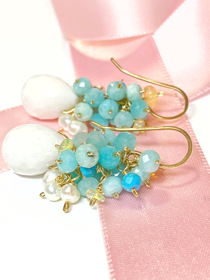 Opal Amazonite Cluster Earrings Dangle Earrings White Earrings - doolittlejewelry