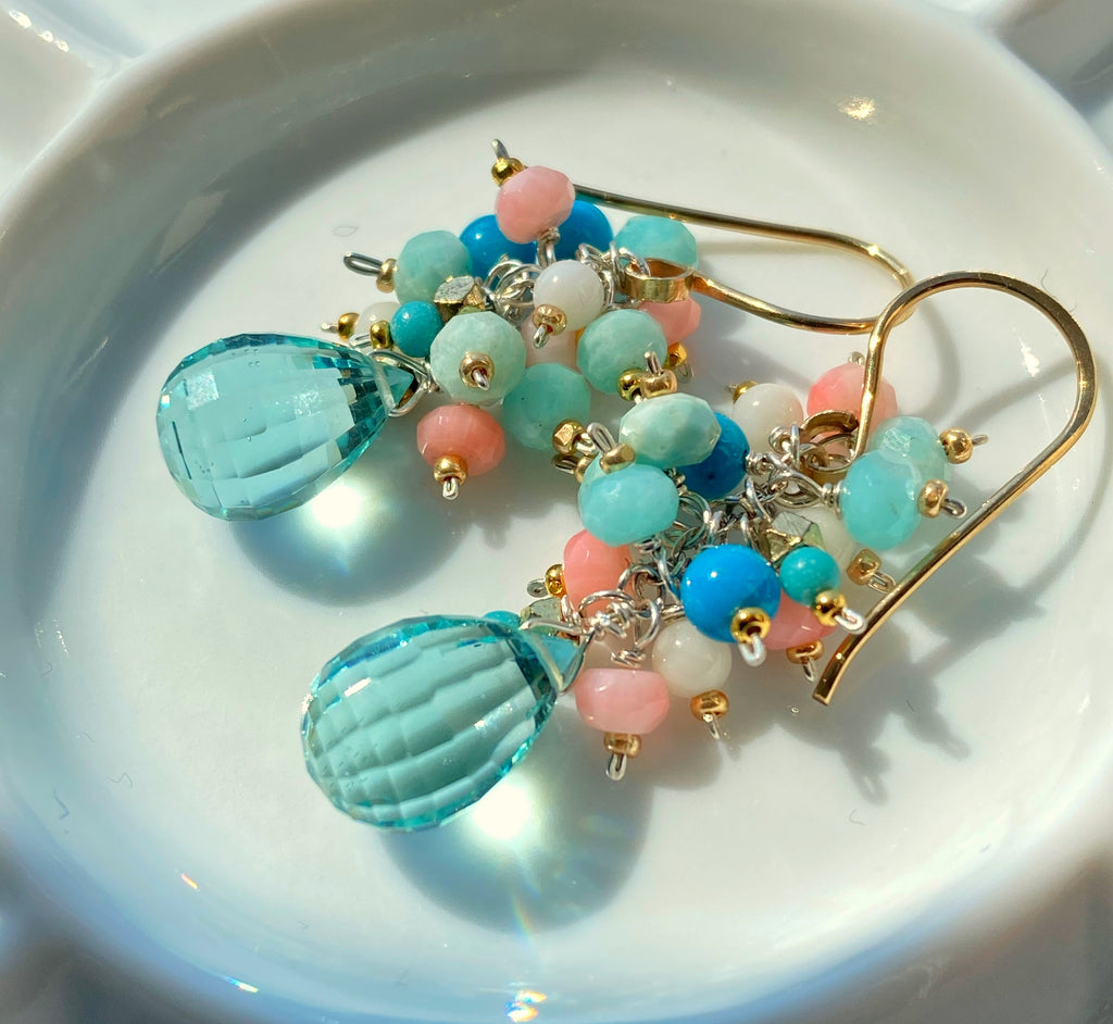 Aqua Quartz Multi Gem Cluster Earrings Mixed Metals
