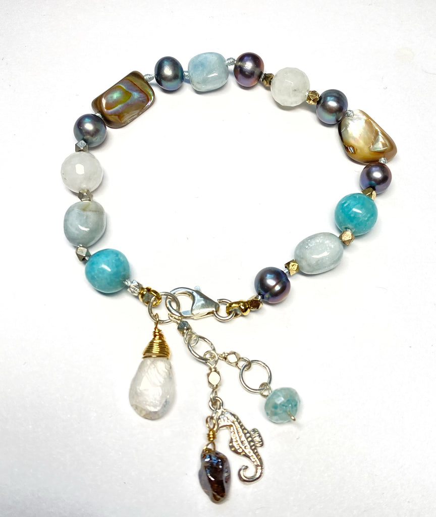 Abalone Silk Knotted Bracelet, Moonstone, Aquamarine, Pearl