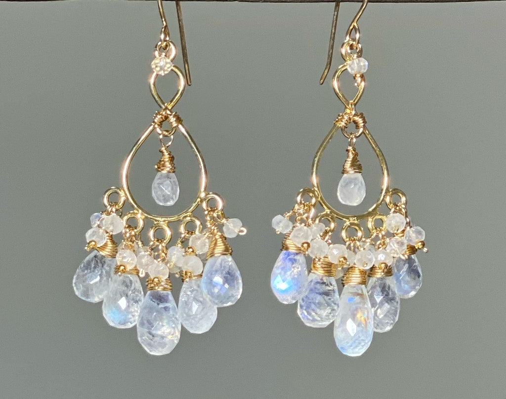rainbow moonstone gold chandelier earrings