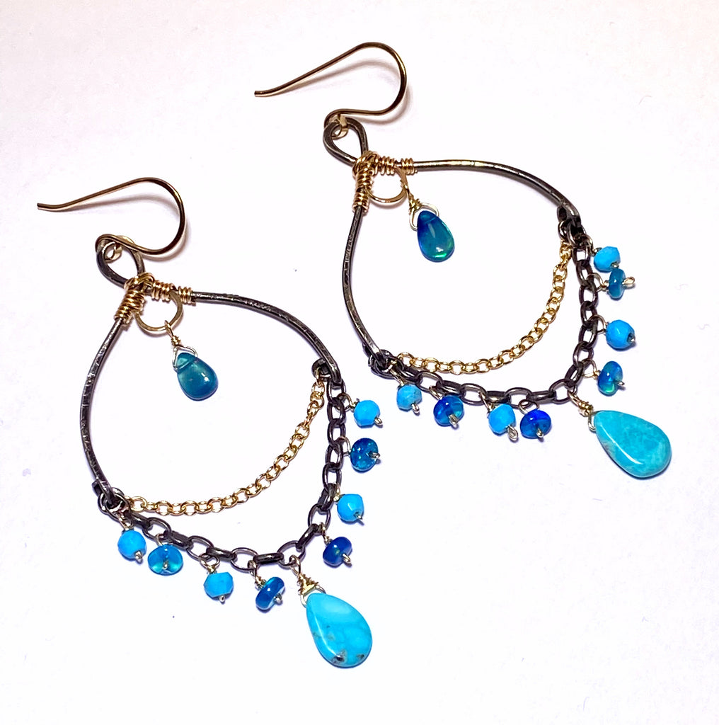 Blue Opal and Kingman Turquoise Mixed Metal Chandelier Earrings