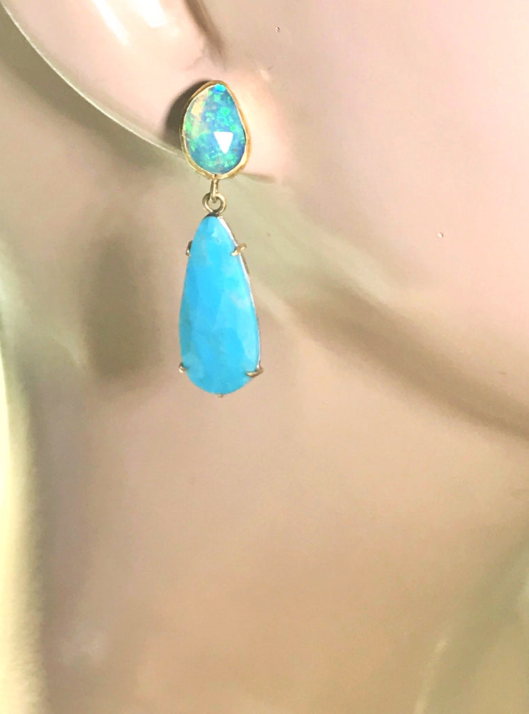 Opal and Sleeping Beauty Turquoise Dangle Earrings Gold Prong Set