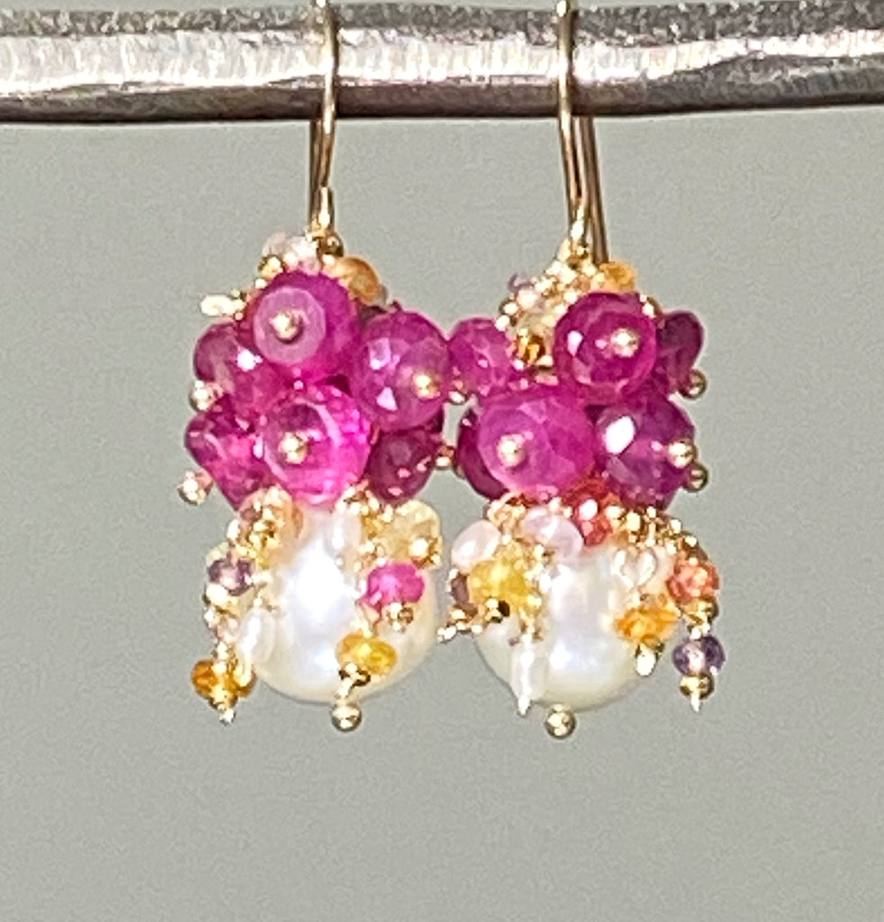 Pearl and Pink Sapphire Cluster Earrings Gold