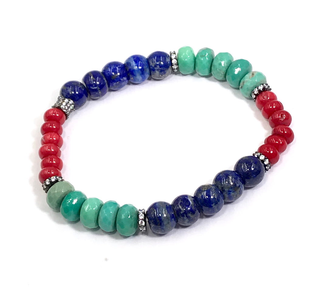 Red, Blue Green White Stack Bracelet Set of 3 Oxidized Silver Pave CZ - doolittlejewelry