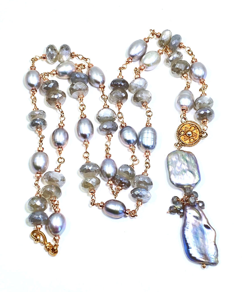 Rose Gold Silver Grey Pearl Moonstone Gemstone Long Necklace Sautoir