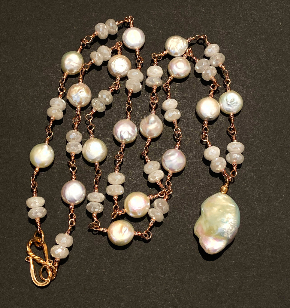 Rose Gold Ivory Baroque Pearl Mystic Moonstone Long Sautoir Rosary Necklace
