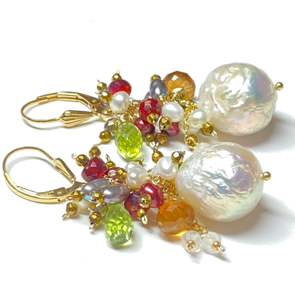 multi-color gemstone and pearl cluster gold post earrings