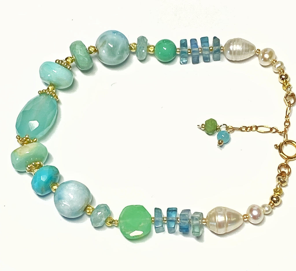 Aqua Chalcedony, Pearl and Gem Silk Knot Bracelet