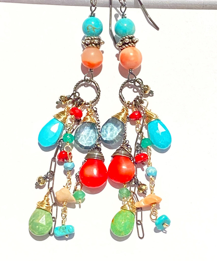 Turquoise Long Boho Earrings Mixed Metal Red Coral Green Turquoise