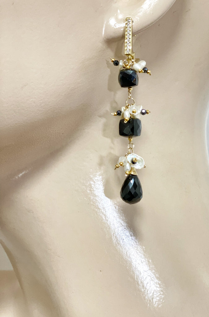 Black Spinel White Pearl Long Dangle Earrings