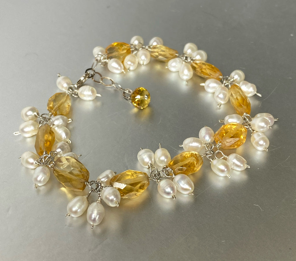 Citrine Gemstone Pearl Cluster Bracelet, Sterling Silver