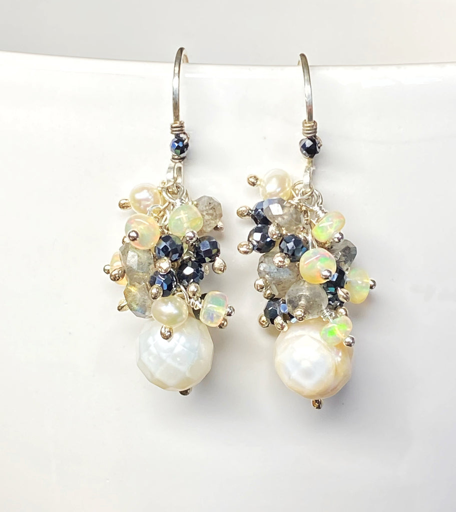 Petite Laser Pearl Cluster Earrings, Black, White, Labradorite, Opals