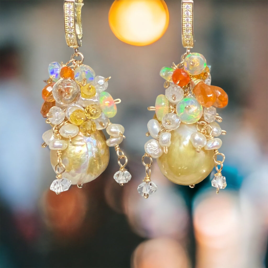 Pond-slime Baroque Pearl and Gemstone Cluster Earring