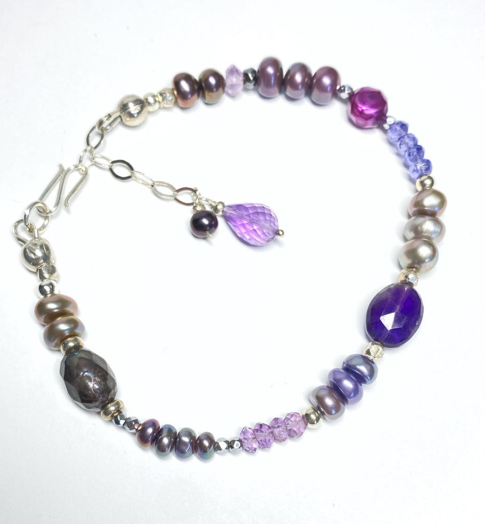 Amethyst Gem and Pearl Bracelet Sterling Silver