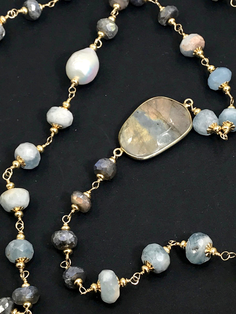 Aquamarine, Labradorite, Pearl Long Wire Wrapped Necklace - doolittlejewelry