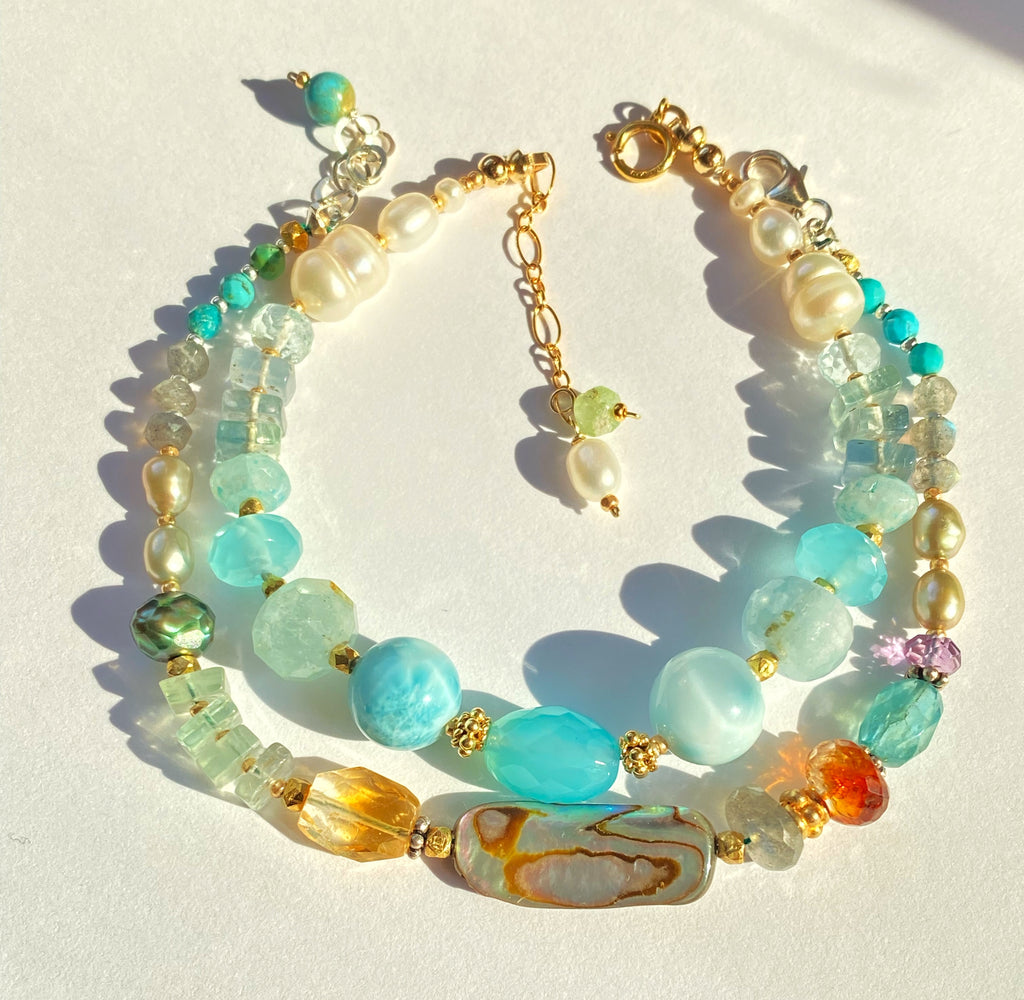 Gemstone, Abalone, Pearl Coastal Chic Boho Bracelet