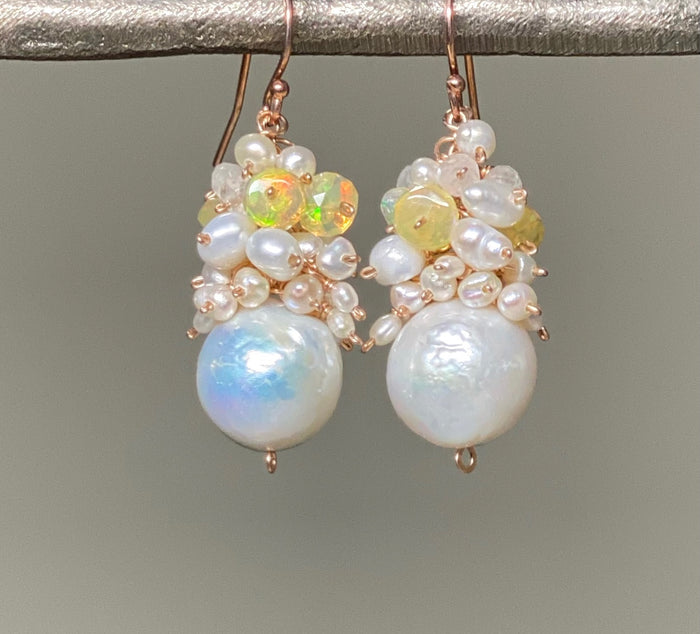 White Edison Pearl and Opal Cluster Wedding Earrings