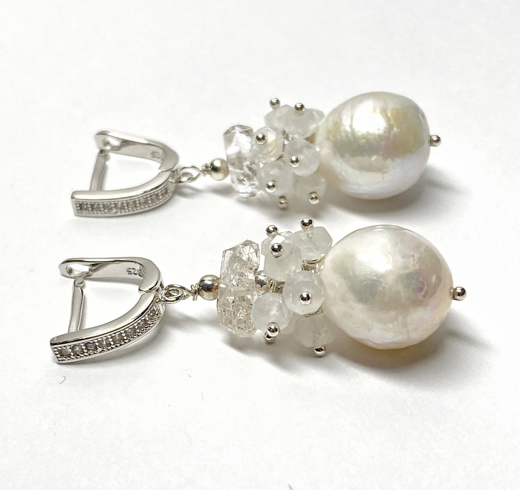 Herkimer Diamond, Edison Pearl, Moonstone Cluster Wedding Earrings