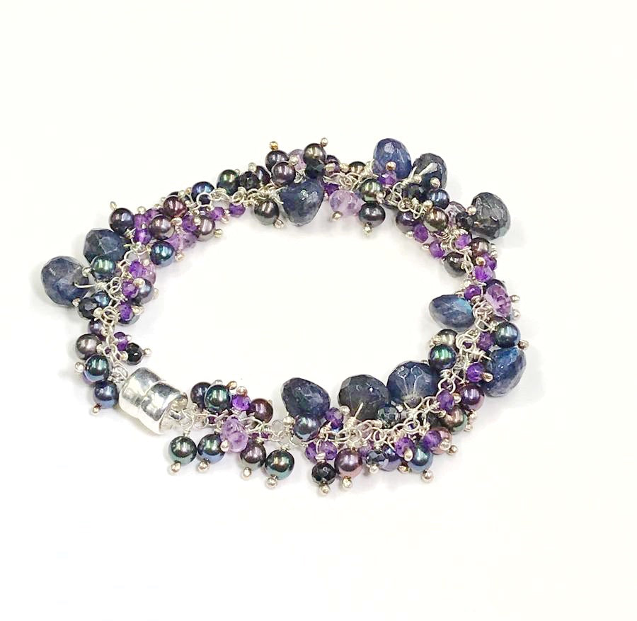 Blue Labradorite Amethyst and Pearl Gemstone Cluster Bracelet Sterling Silver - doolittlejewelry