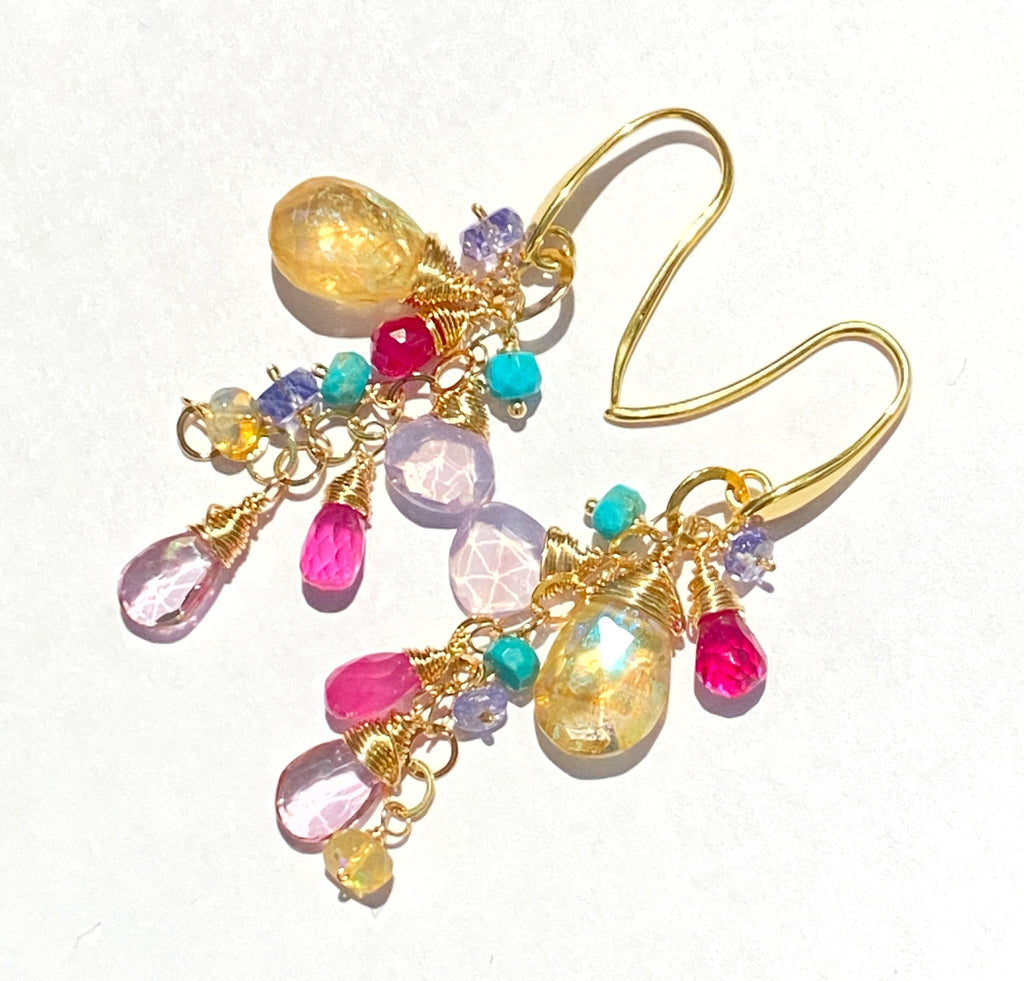 colorful gemstone long dangle earrings gold mystic citrine