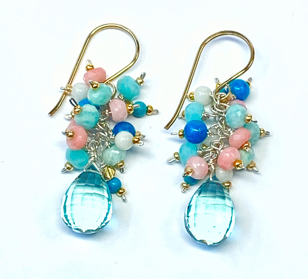 Aqua Quartz Multi Gem Cluster Earrings Mixed Metals