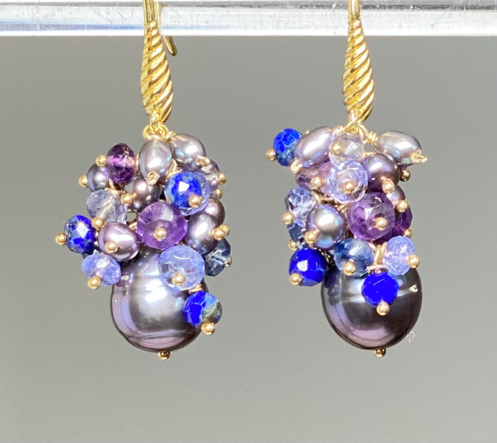 Black Baroque Pearl Gemstone Cluster Earrings Amethyst Tanzanite Iolite