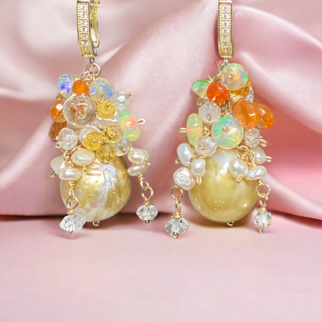 Pond-slime Baroque Pearl and Gemstone Cluster Earring