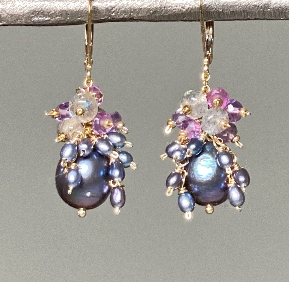 peacock pearl earrings with clusters of amethyst, labradorite and pearls